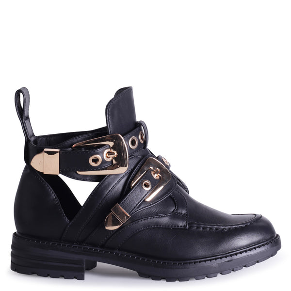 Black Nappa Open Sides Ankle Boot With Gold Buckle Detail – Linzi