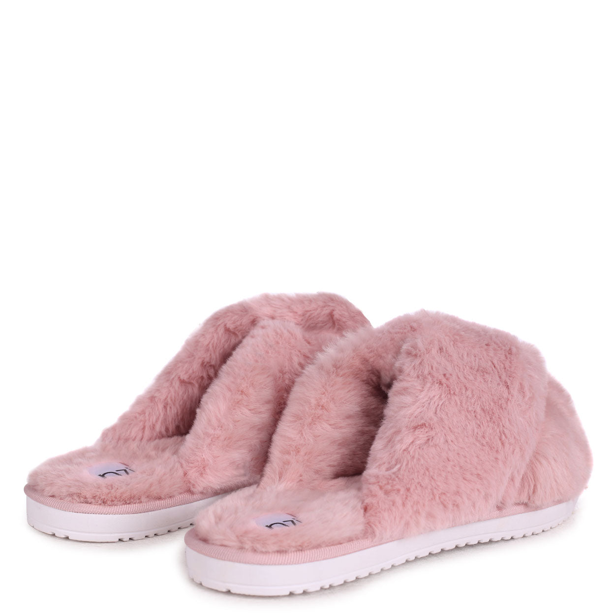 Dusky Pink Fluffy Crossover Slippers Linzi