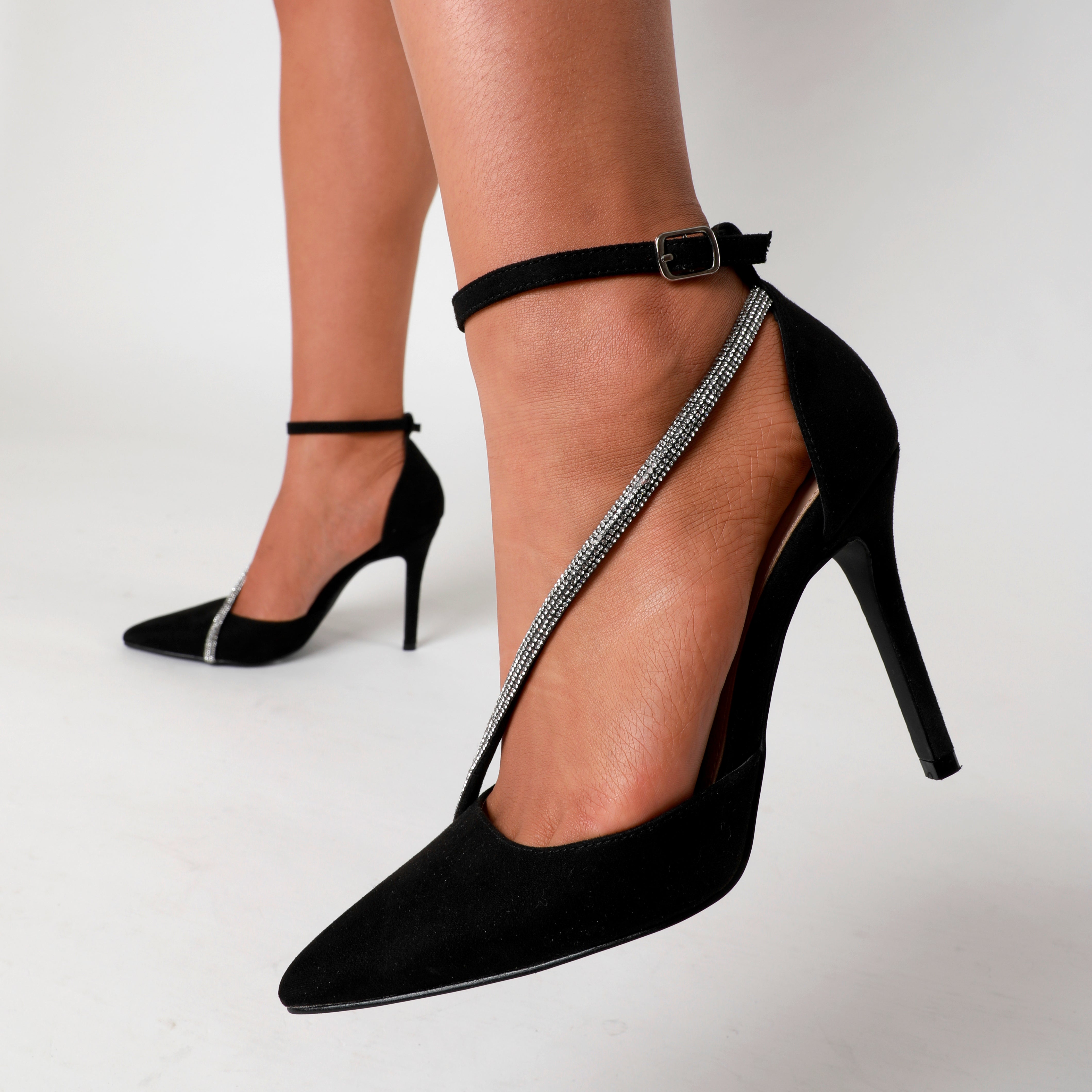 Black Faux Suede Court Heel With Diamante Wrap Over Front Strap – Linzi