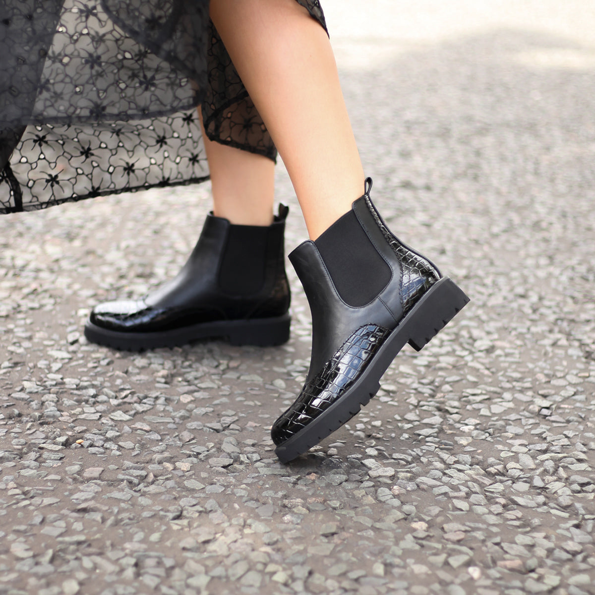 black patent croc chelsea boots