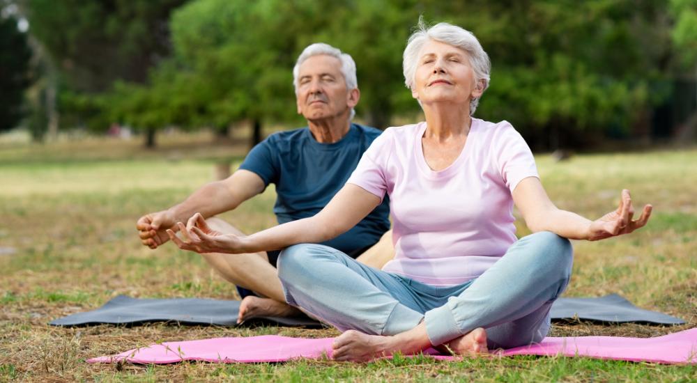 Senior couple medidating and practicing yoga at a park