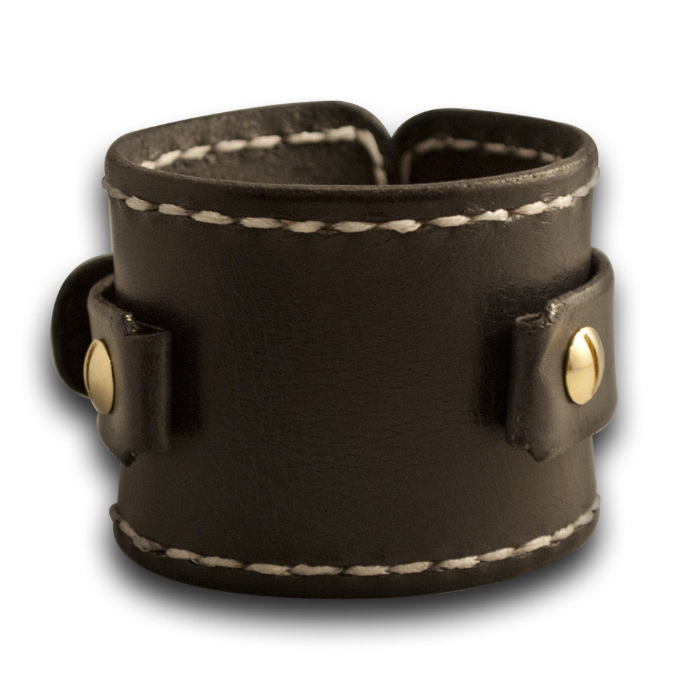 Wide Black Leather Cuff Watch Band with White Stitching - Rockstar ...