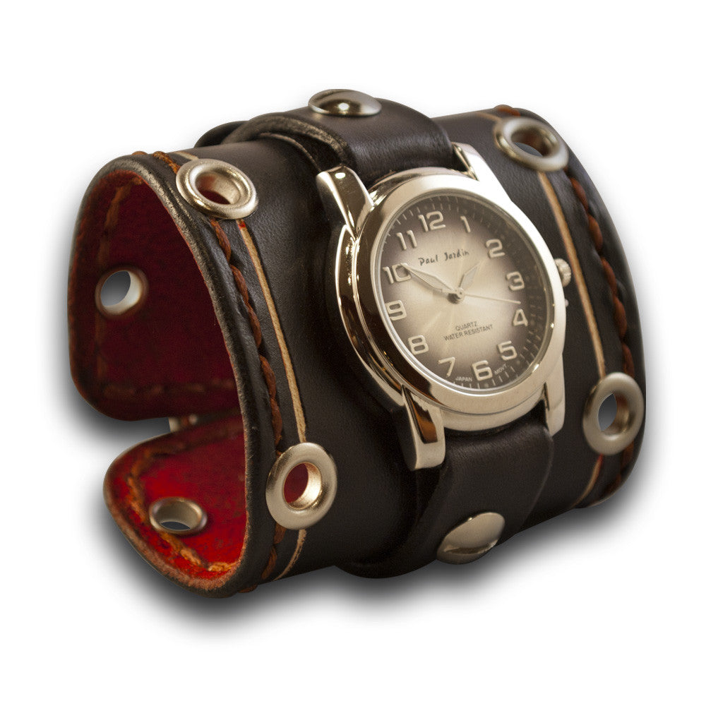 Wide Black Leather Cuff Watch With Stainless Eyelets And Stitching Rockstar Leatherworks™ 