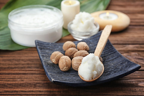 African shea tree seeds on plate with a spoonful of shea butter