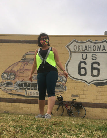 Beautiful chic safety vest high viz neon yellow route 66 mural in OK Oklahoma