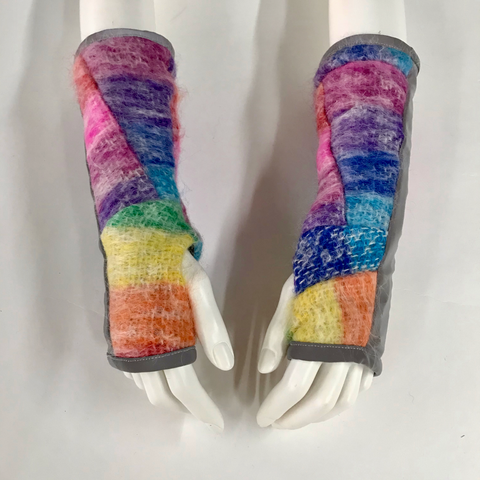 Mohair fingerless gloves with reflective details upcycled rainbow striped Mohair sustainable fashion