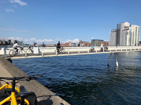 bikers and cyclists crossing a cycling and pedestrian bridge only for walking and biking in Copenhagen Denmark