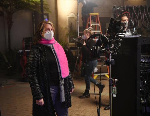 Masks on! Rosemary Rodriguez wears a Vespertine NYC Reflective MOhair Scarf </span>on set directing the Apple show “Truth Be Told,“ starring Octavia Spencer and Kate Hudson. Photos by Mitchell Haddad 