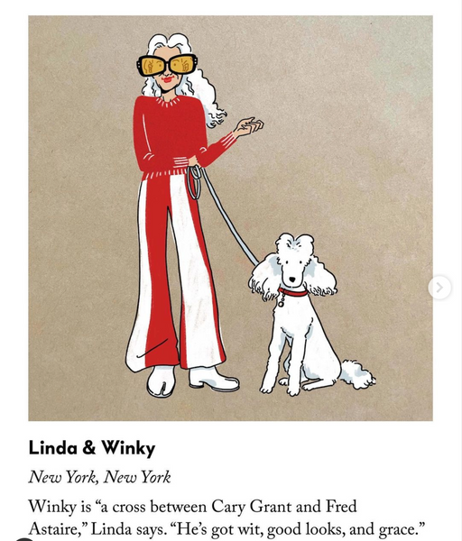 Linda Rodin and her dog Winks of @lindaandwinks twinning in the New Yorker Magazine illustration about stylish dog owner duos dogs that look like their owners