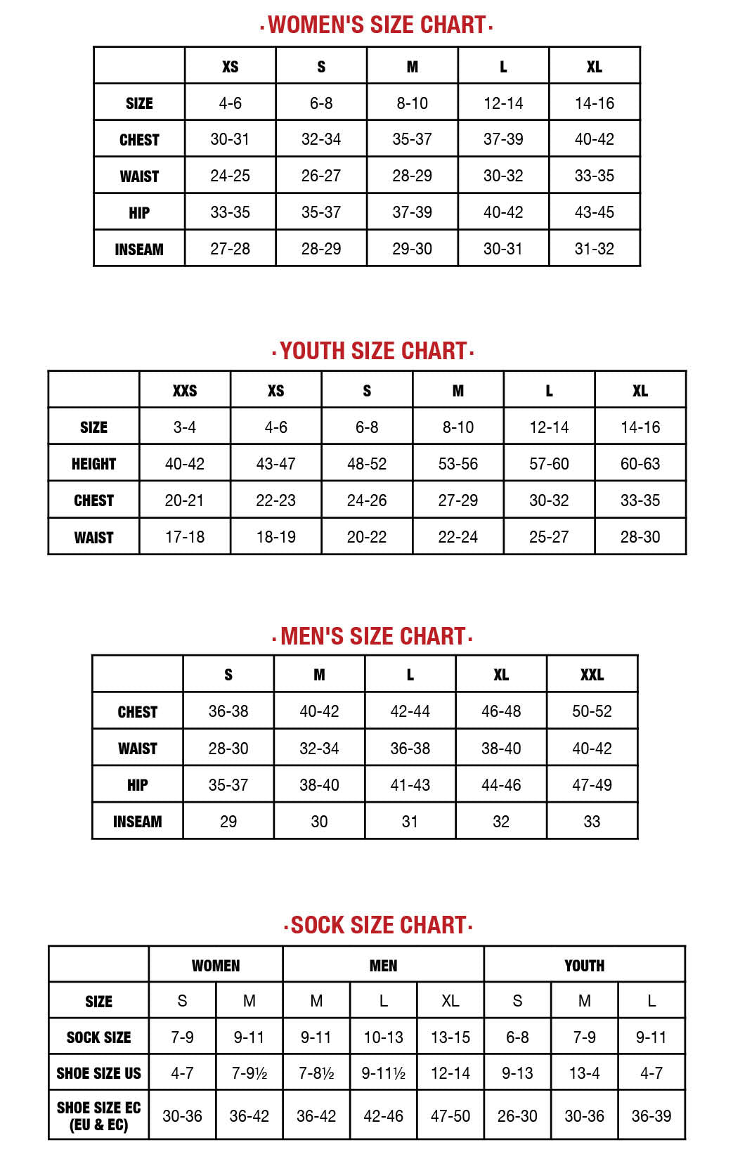 Youth Medium Size Chart