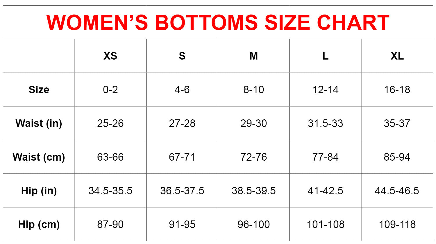 Hot Chillys Womens Bottoms Size Chart