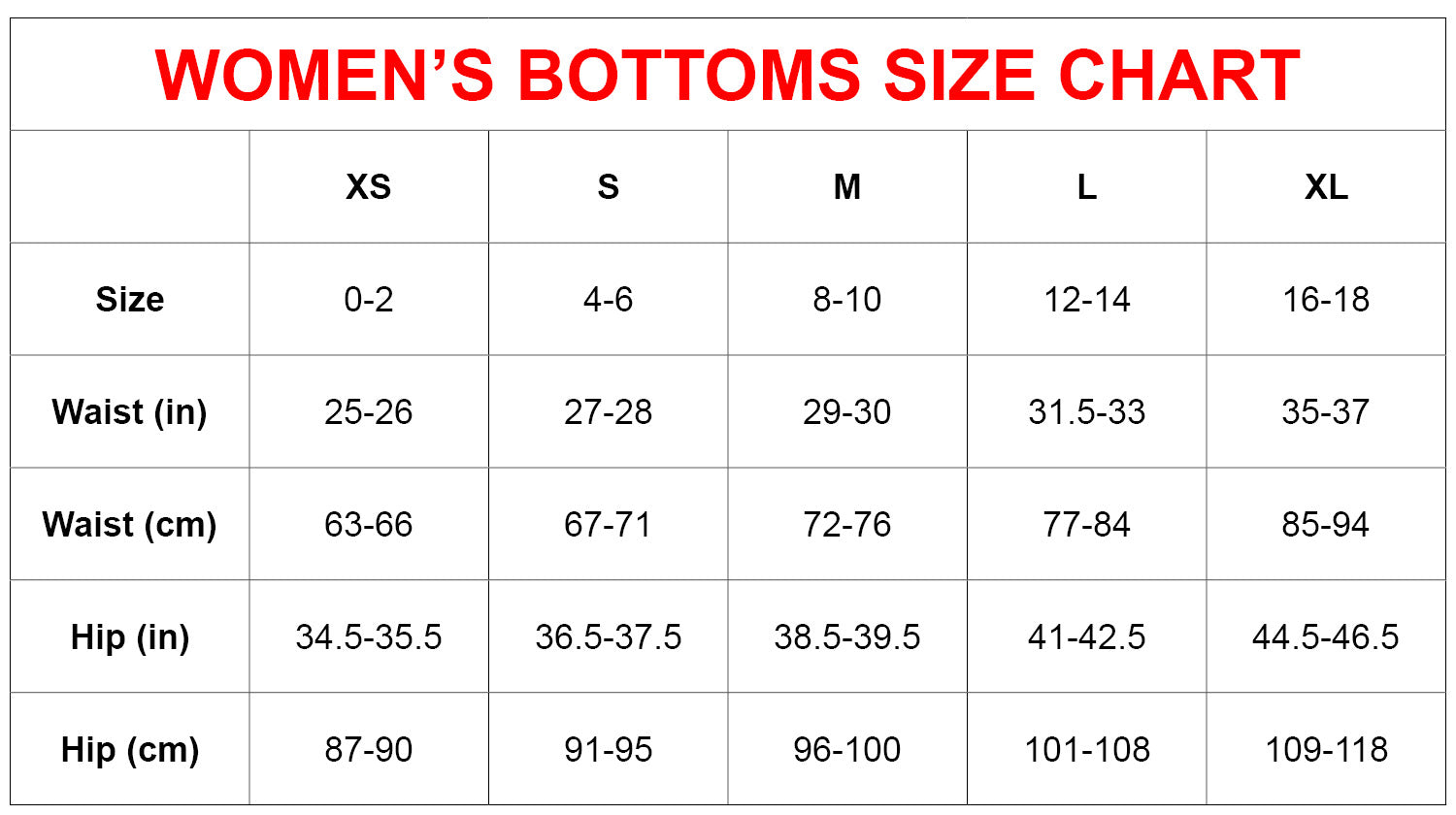 Taylor Size Chart Bottoms