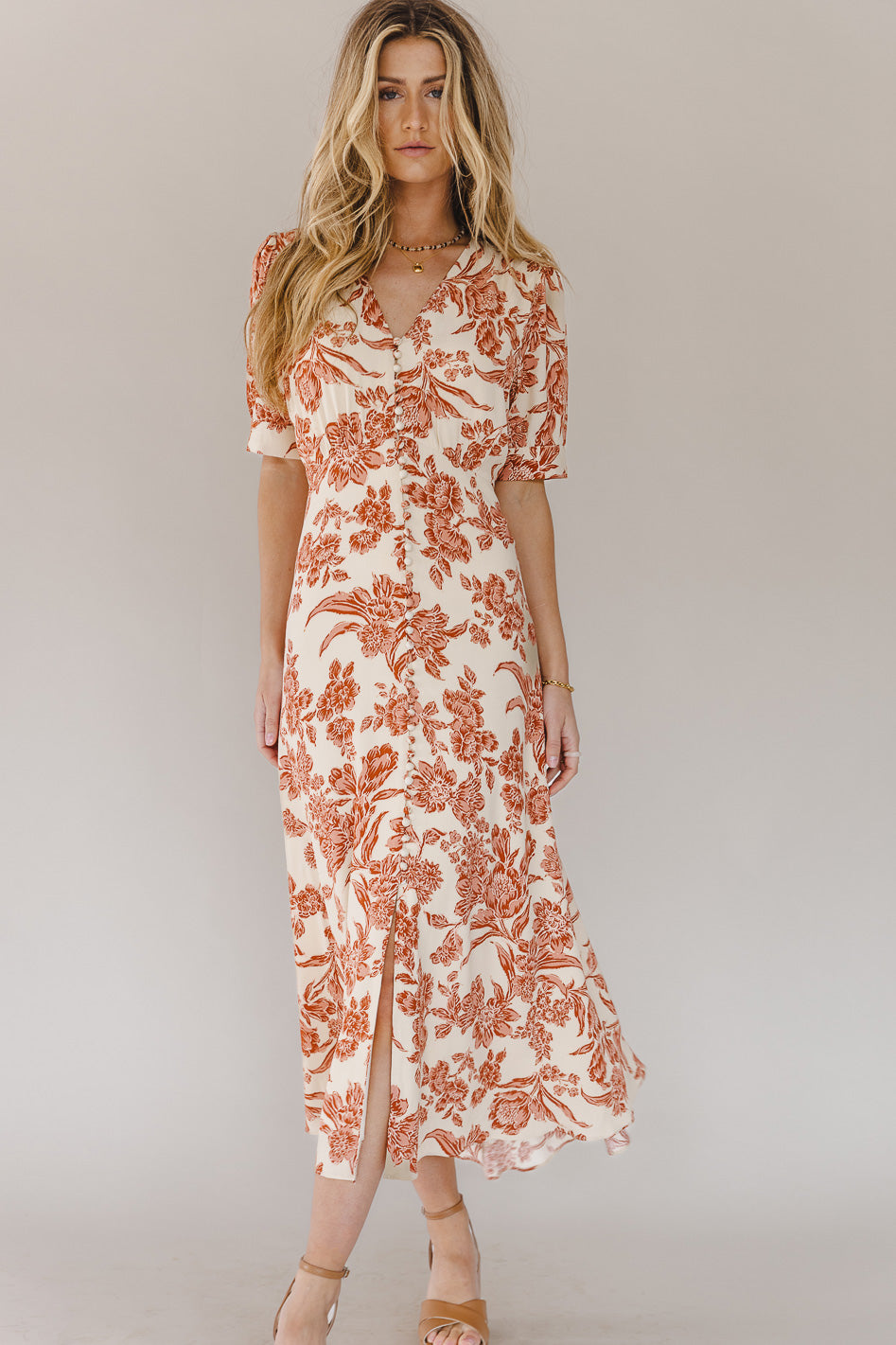 Image of Lia Floral Midi Dress in Rust