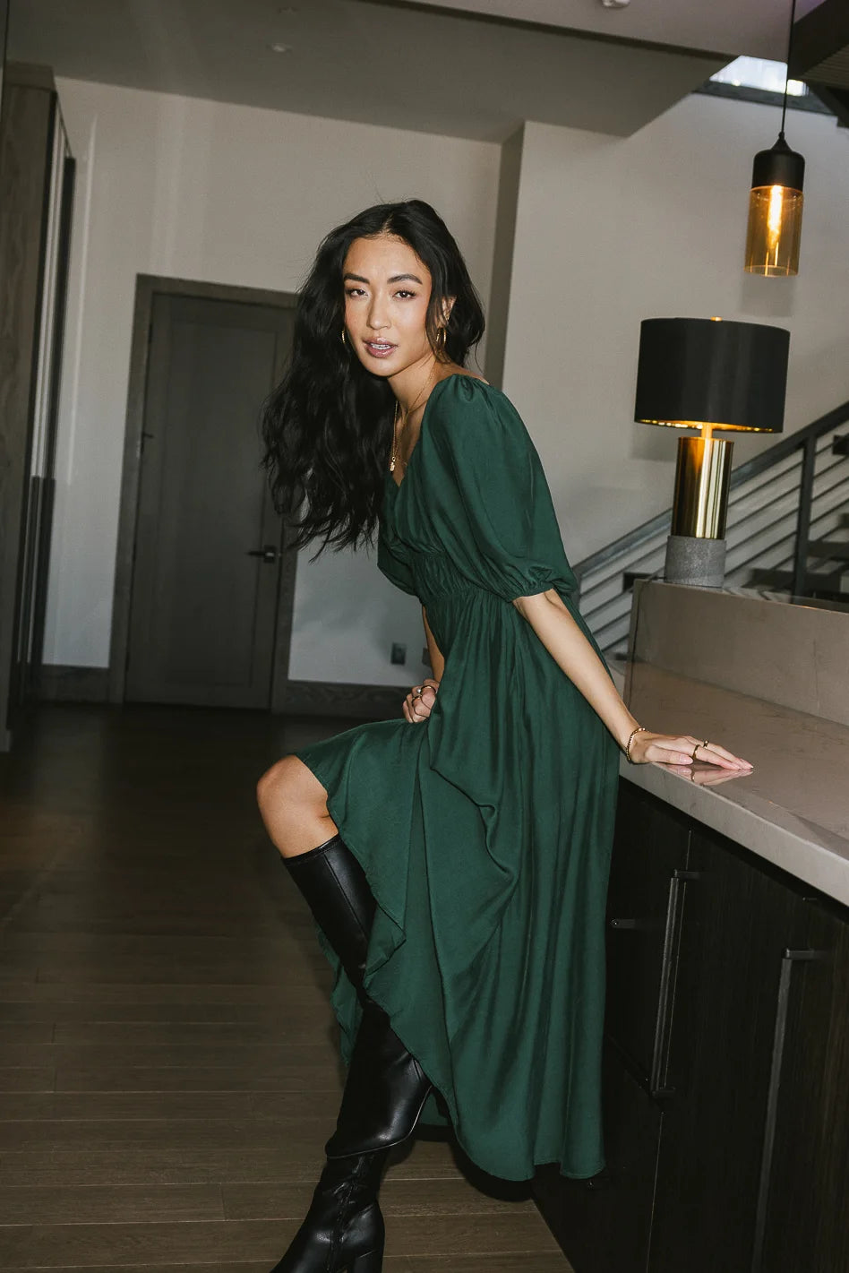 Image of Addison Puff Sleeve Dress in Green