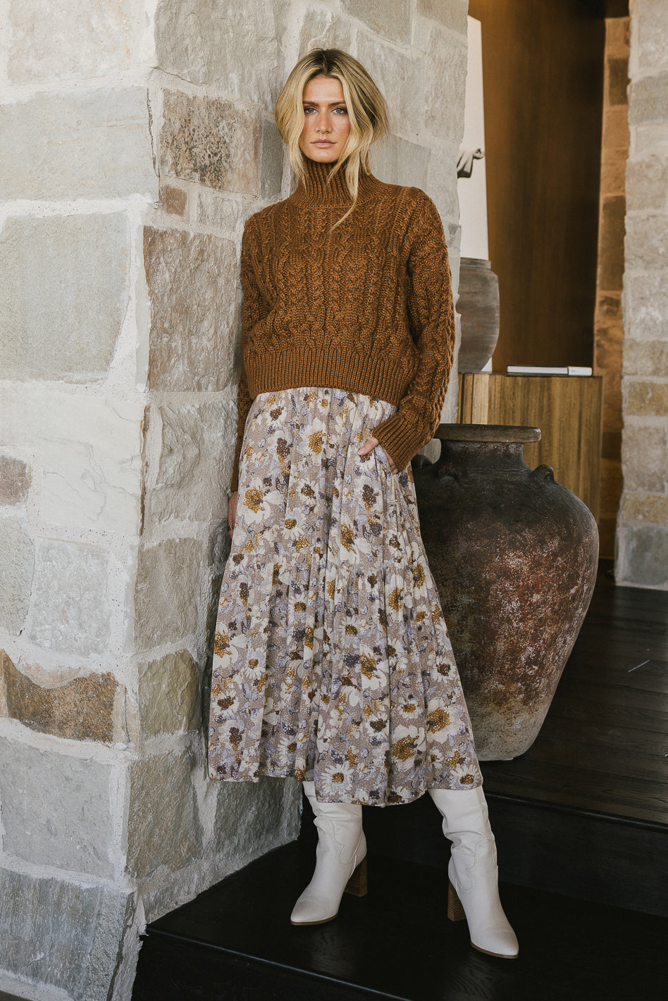 Image of Kristina Floral Skirt in Taupe