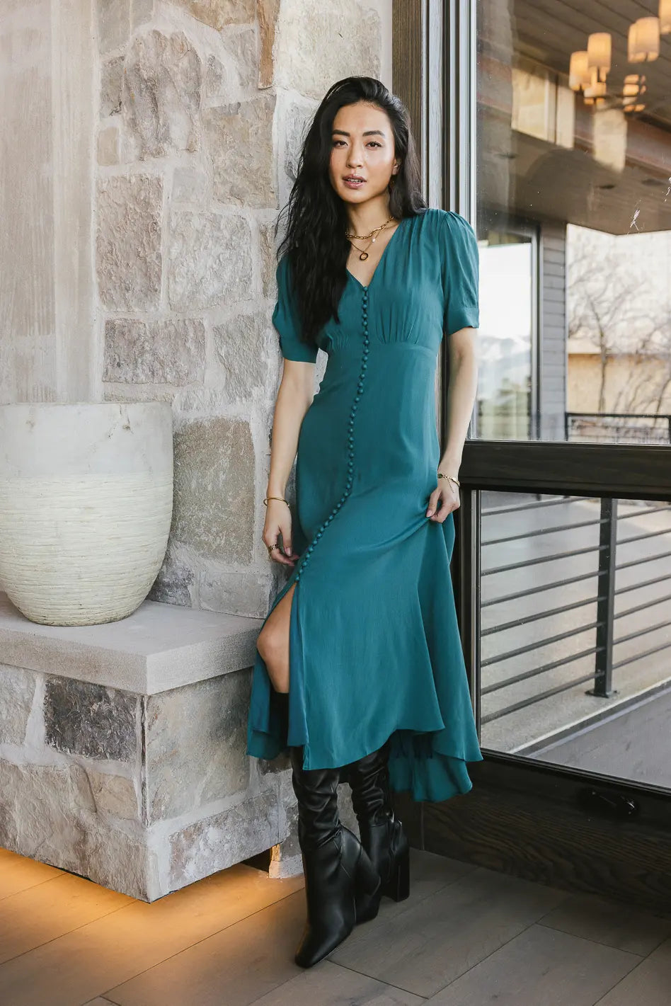 Image of Lia Button Detail Dress in Teal