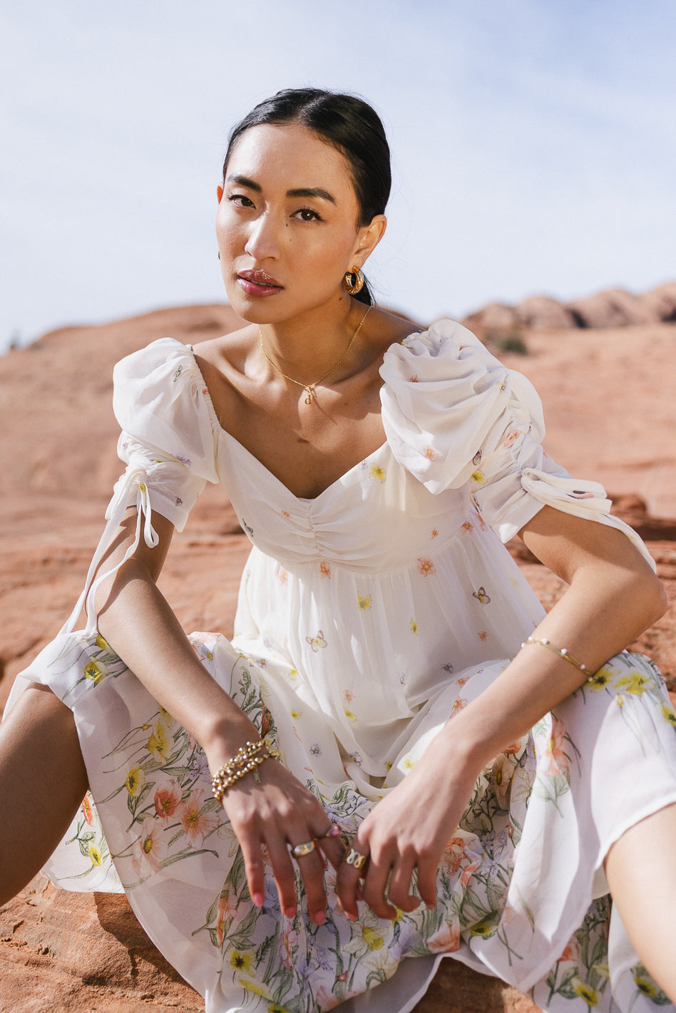 Image of Ruched Sleeve Floral Dress in White