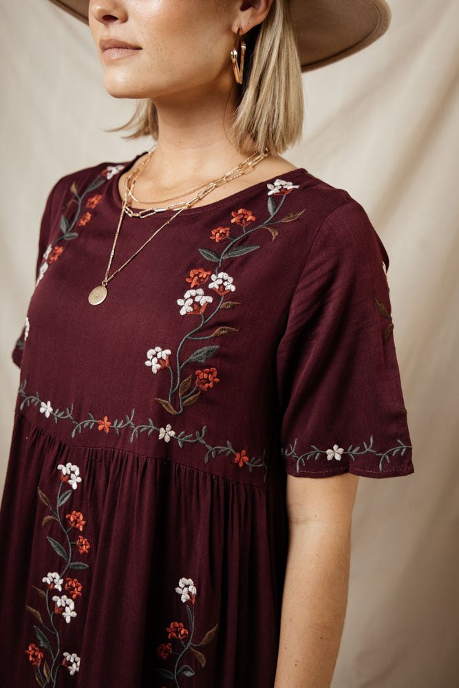 Tiered Embroidered Midi Dress in Plum - FINAL SALE - böhme