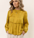 satin chartreuse blouse with ruffle detail