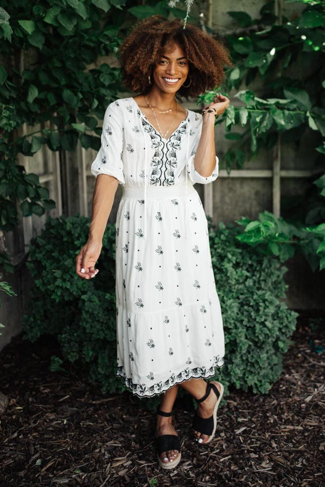 Embroidered Peasant Midi Dress in Ivory - FINAL SALE - böhme