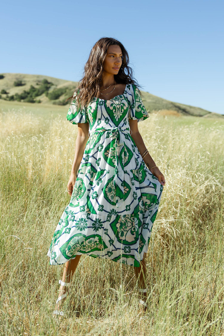 printed midi dress in green