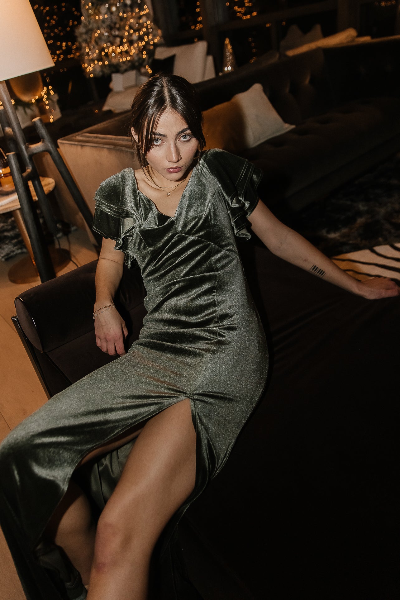 Image of Ray Velour Maxi Dress in Green