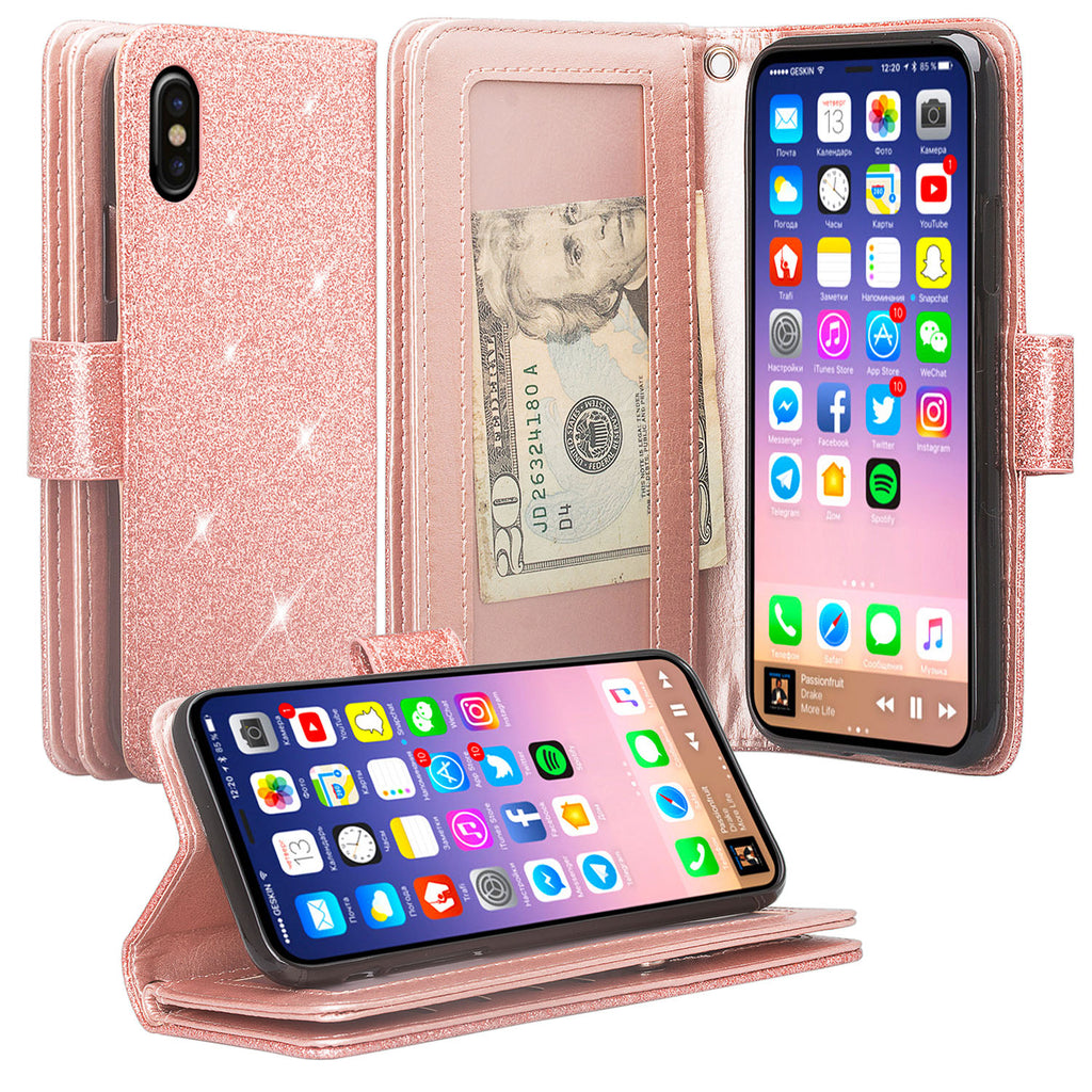 For Apple iPhone X | iPhone 10, Ten, Wrist Strap Glitter Faux Leathe - Coverlab