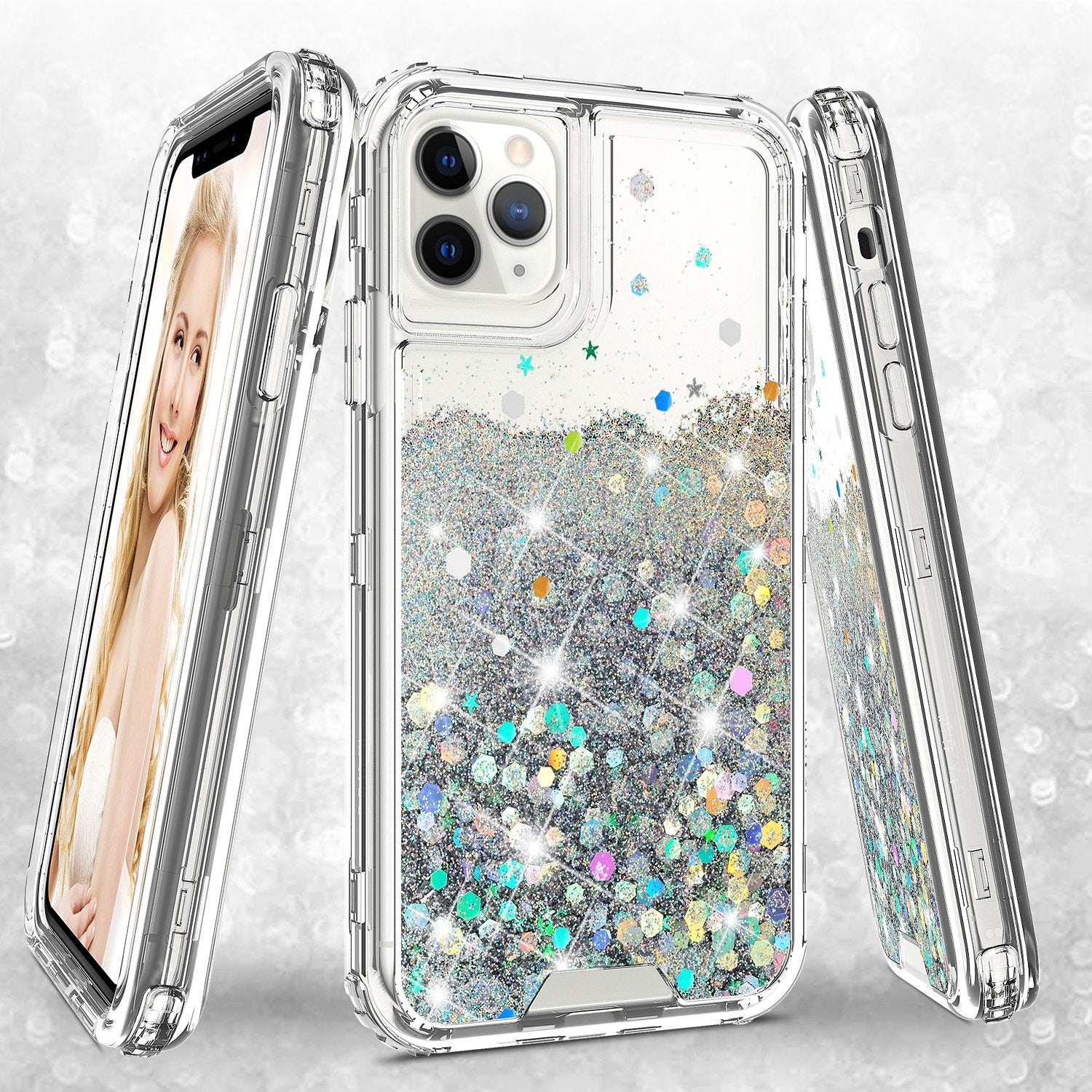 Apple iPhone 11 Pro Max Case,Hard Clear Glitter Sparkle Flowing Liquid Heavy Duty Shockproof Three Layer Protective Bling Girls Women Cases for Apple iPhone 11 Pro Max - Clear