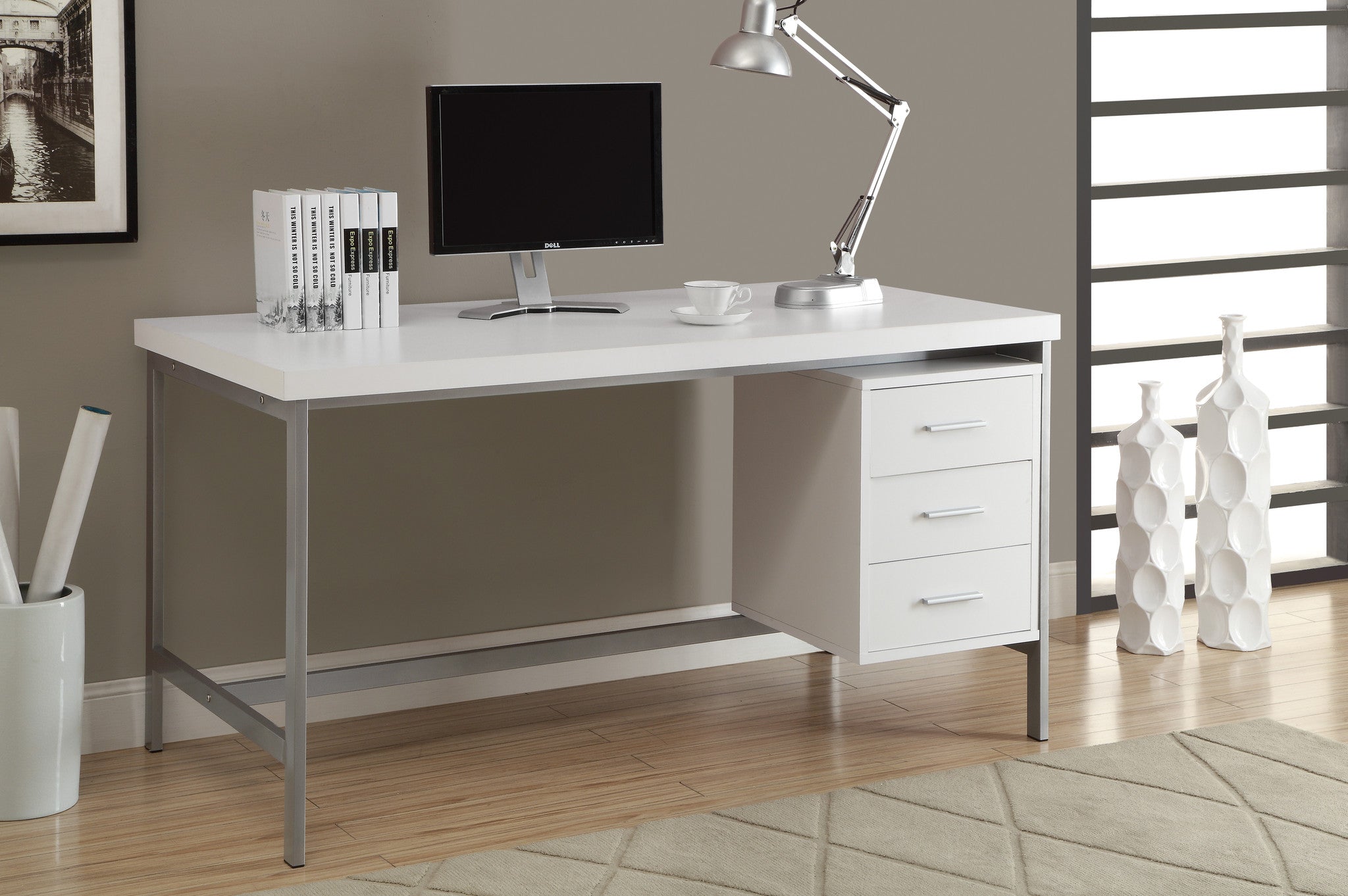 60 L White Computer Desk With Silver Metal Drawers On One Side