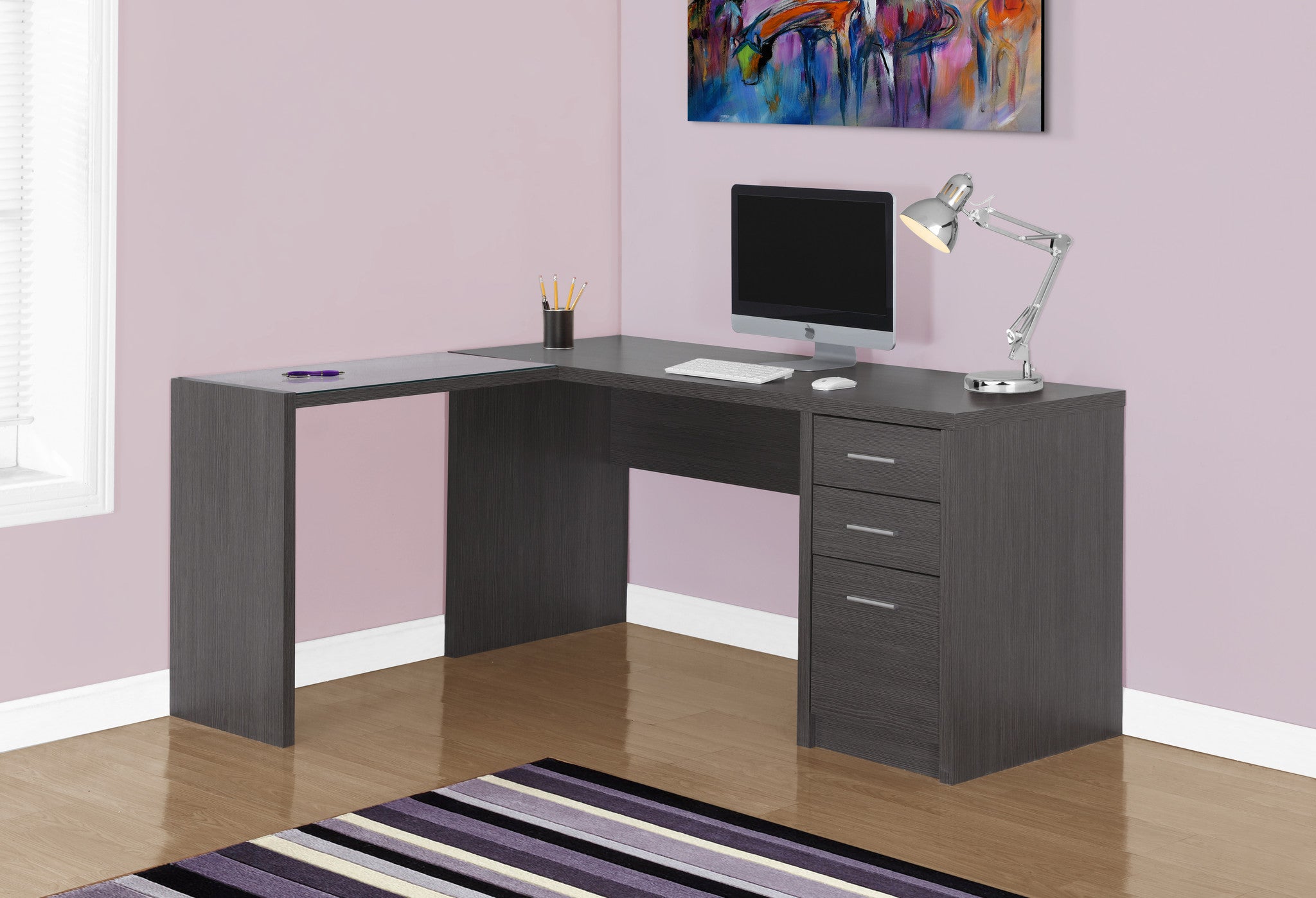 Grey Corner Computer Desk With Tempered Glass The Office