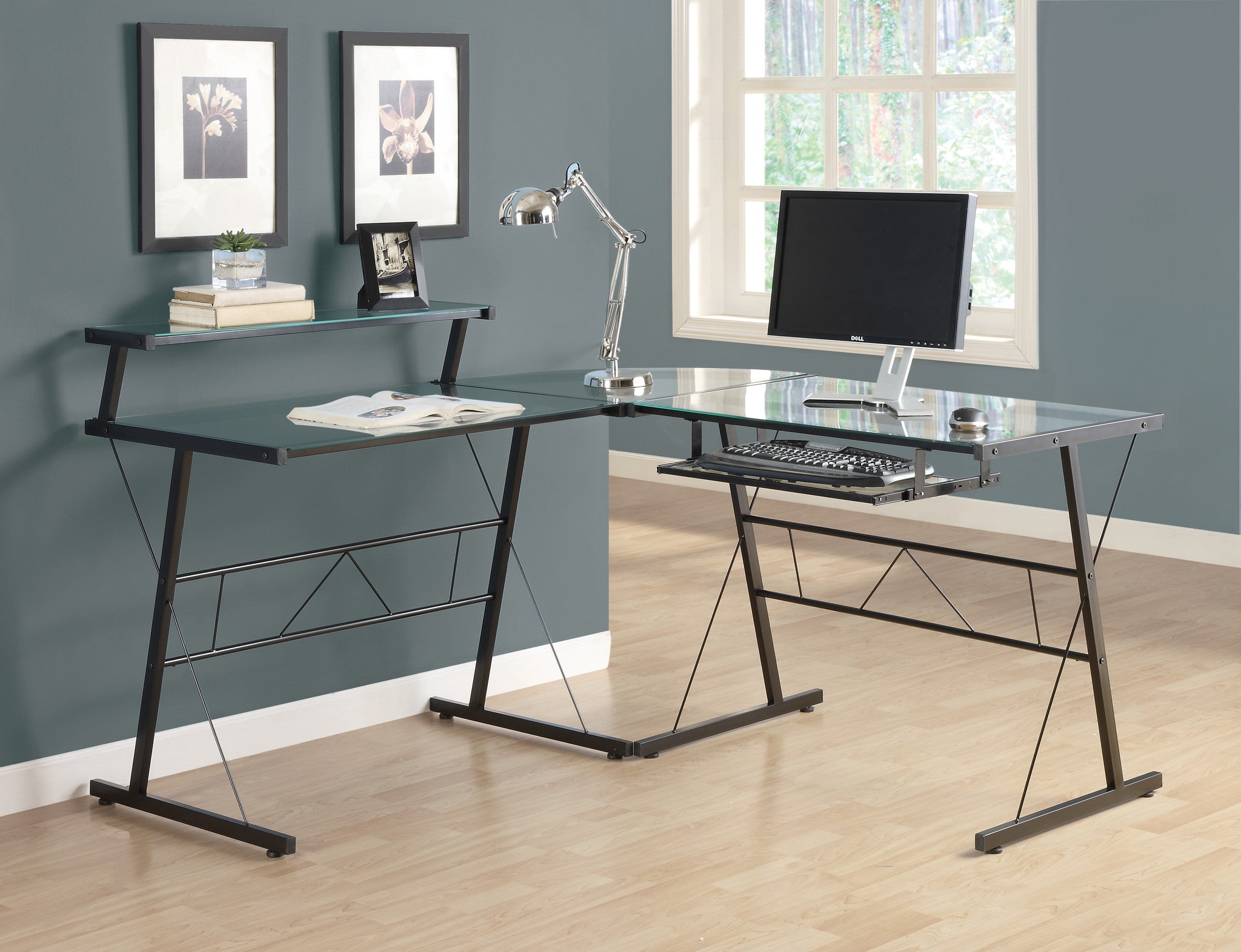 Black Metal Corner Computer Desk With Tempered Glass The Office