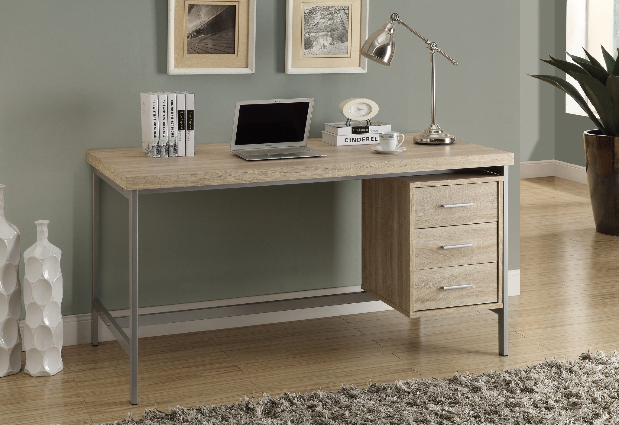 60 L Natural Computer Desk With Silver Metal Drawers On One Side