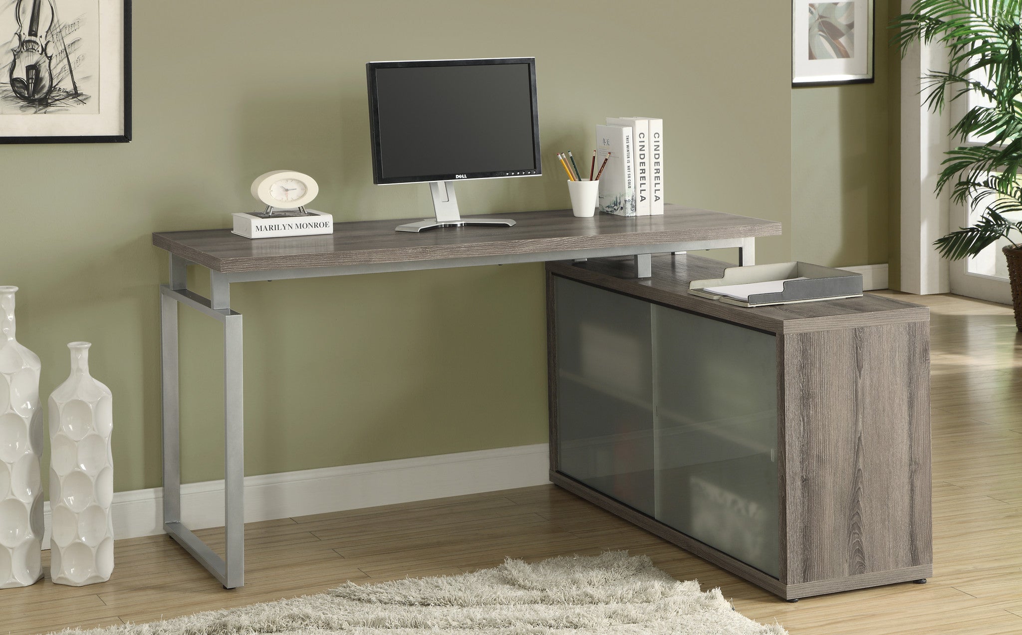 Dark Taupe Corner Computer Desk With Frosted Glass The Office