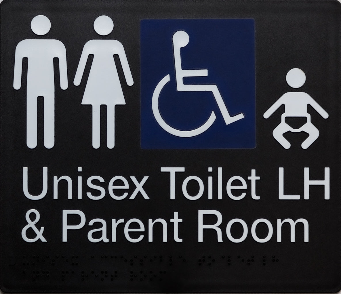 Black Unisex Toilet LH and Parent Room Disable Access 4 symbols