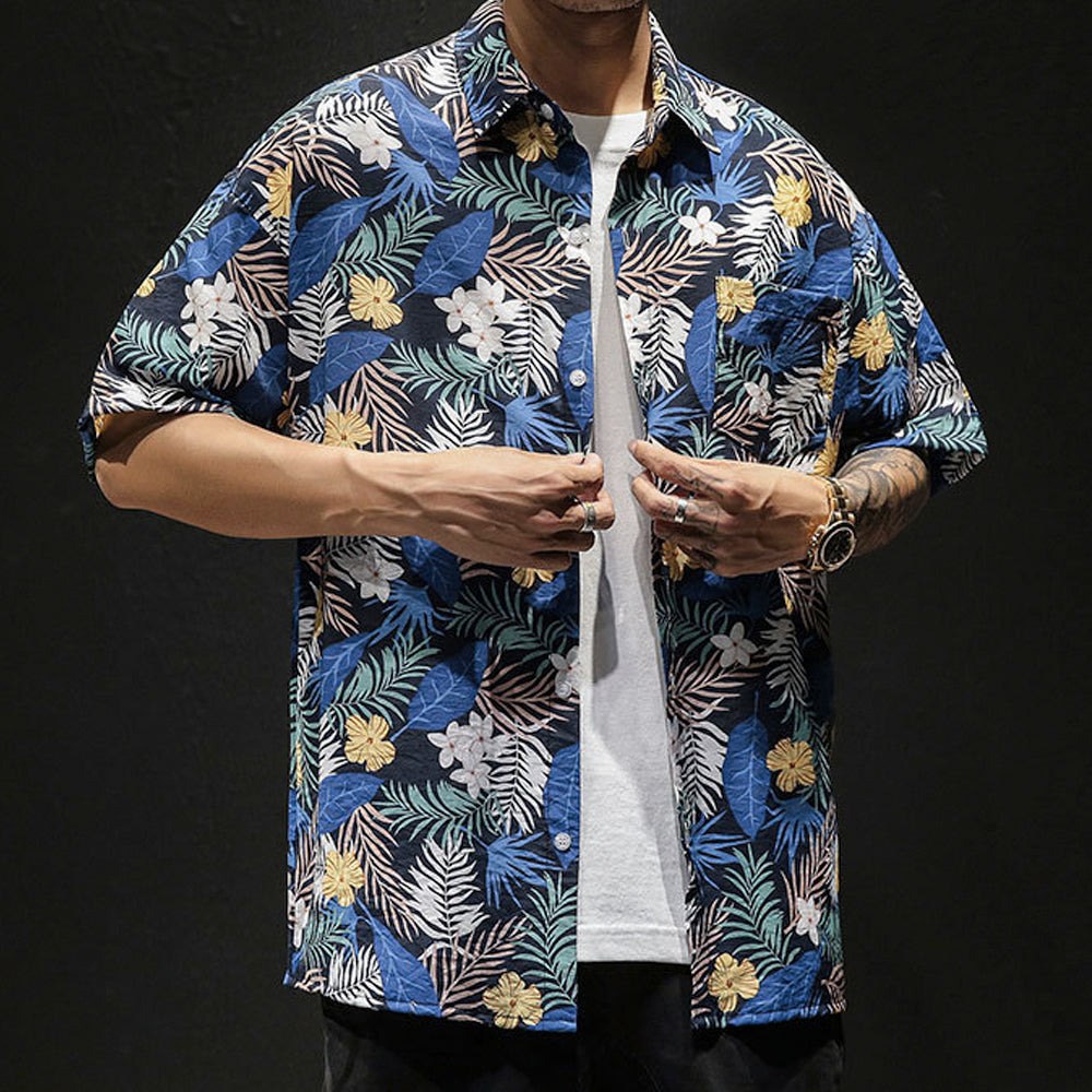 Mens Oversized Yellow Floral Short Sleeve Print Hawaiian Shirt – Onetify