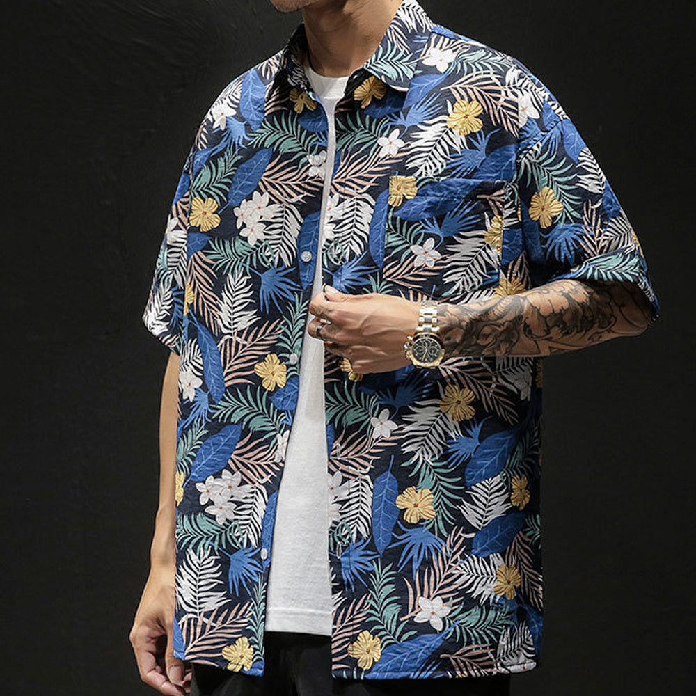amtify Mens Oversized Yellow Bloom Short Sleeve Print Hawaiian Shirt Blue / XL