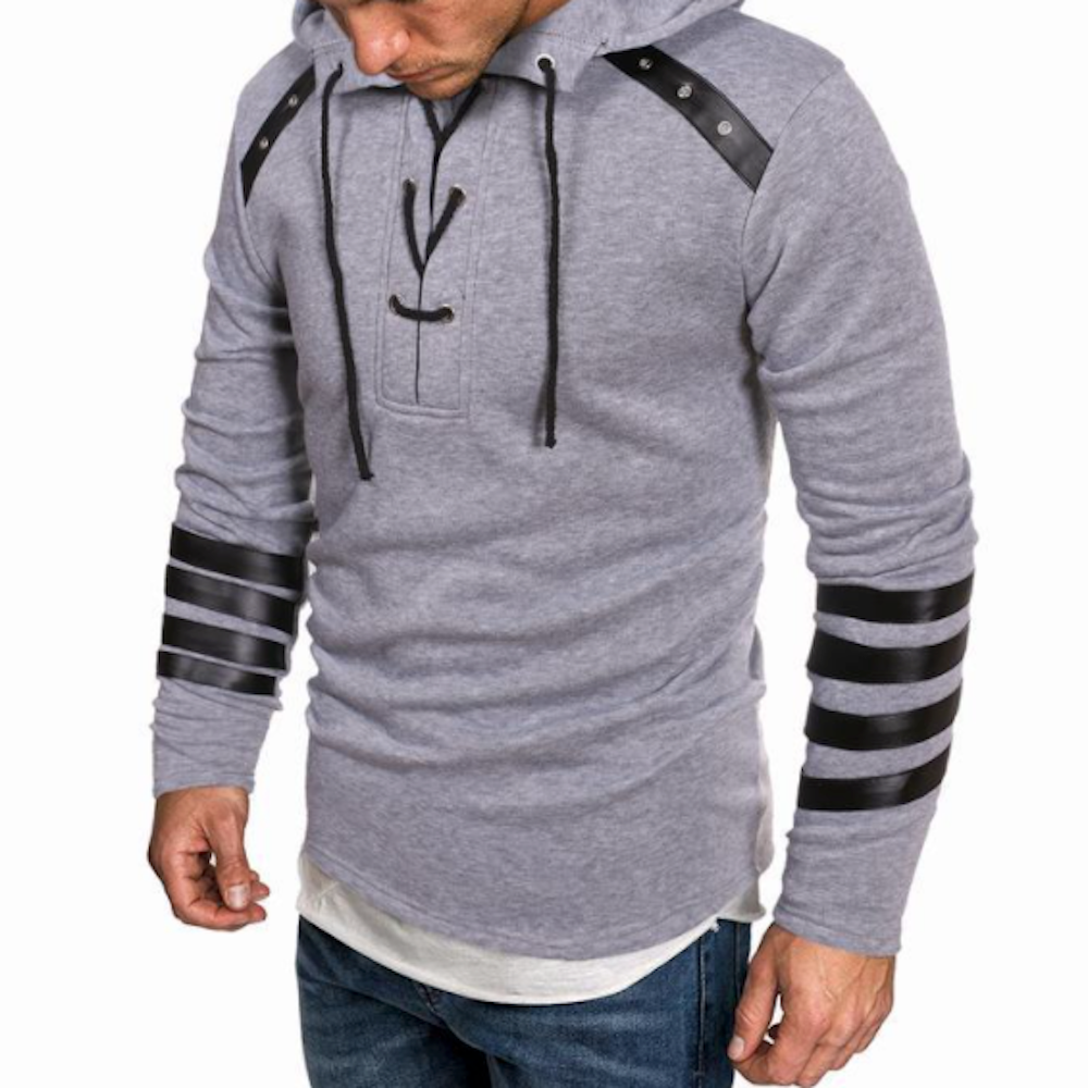 Mens Lace Up Pullover Hoodie With Vegan Leather Details – Onetify
