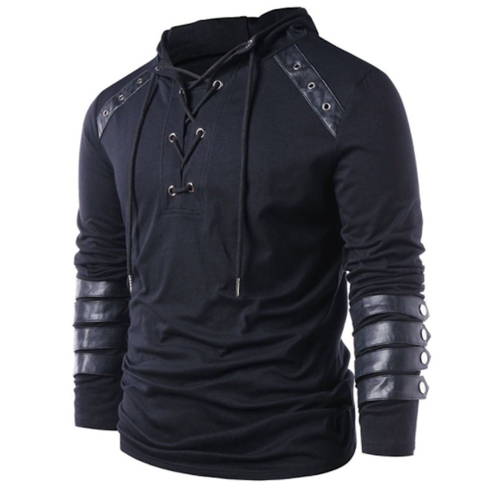 Mens Lace Up Pullover Hoodie With Vegan Leather Details – Onetify