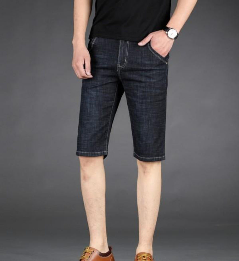 Mens Mid Length Black Denim Slim Fit Shorts