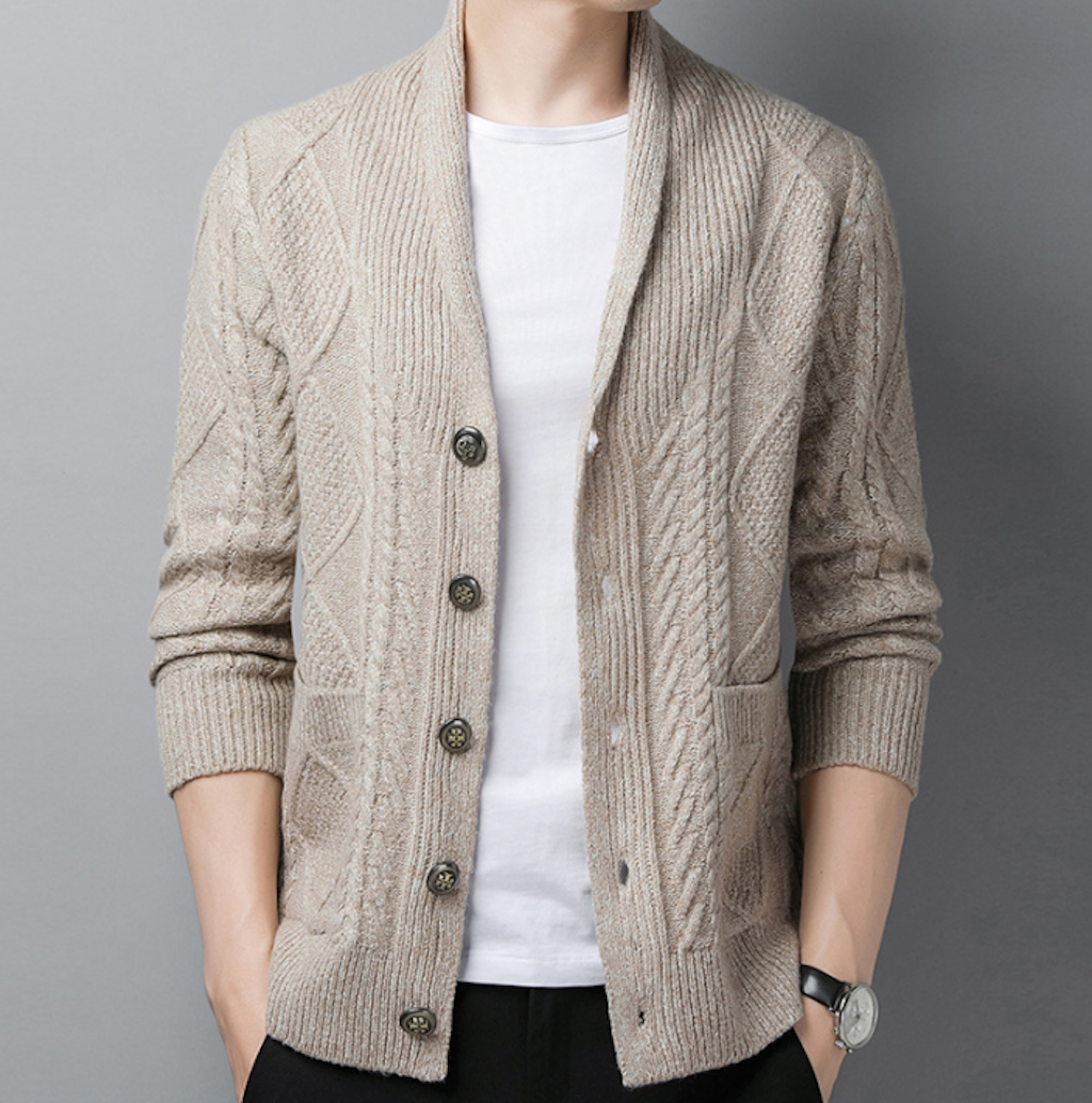 Mens Cable Knit Shawl Collar Cardigan