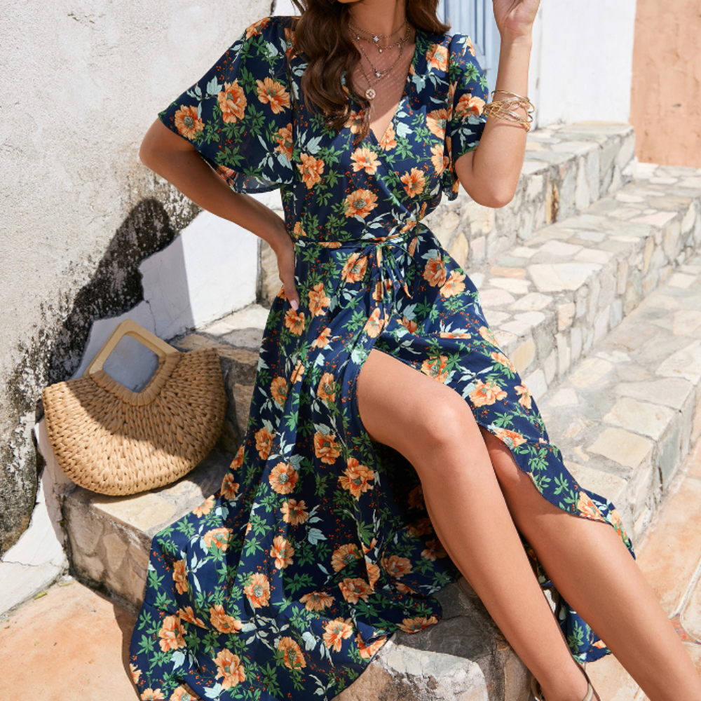 Women Wrap Style Summer Floral Dress With Ruffles – Onetify