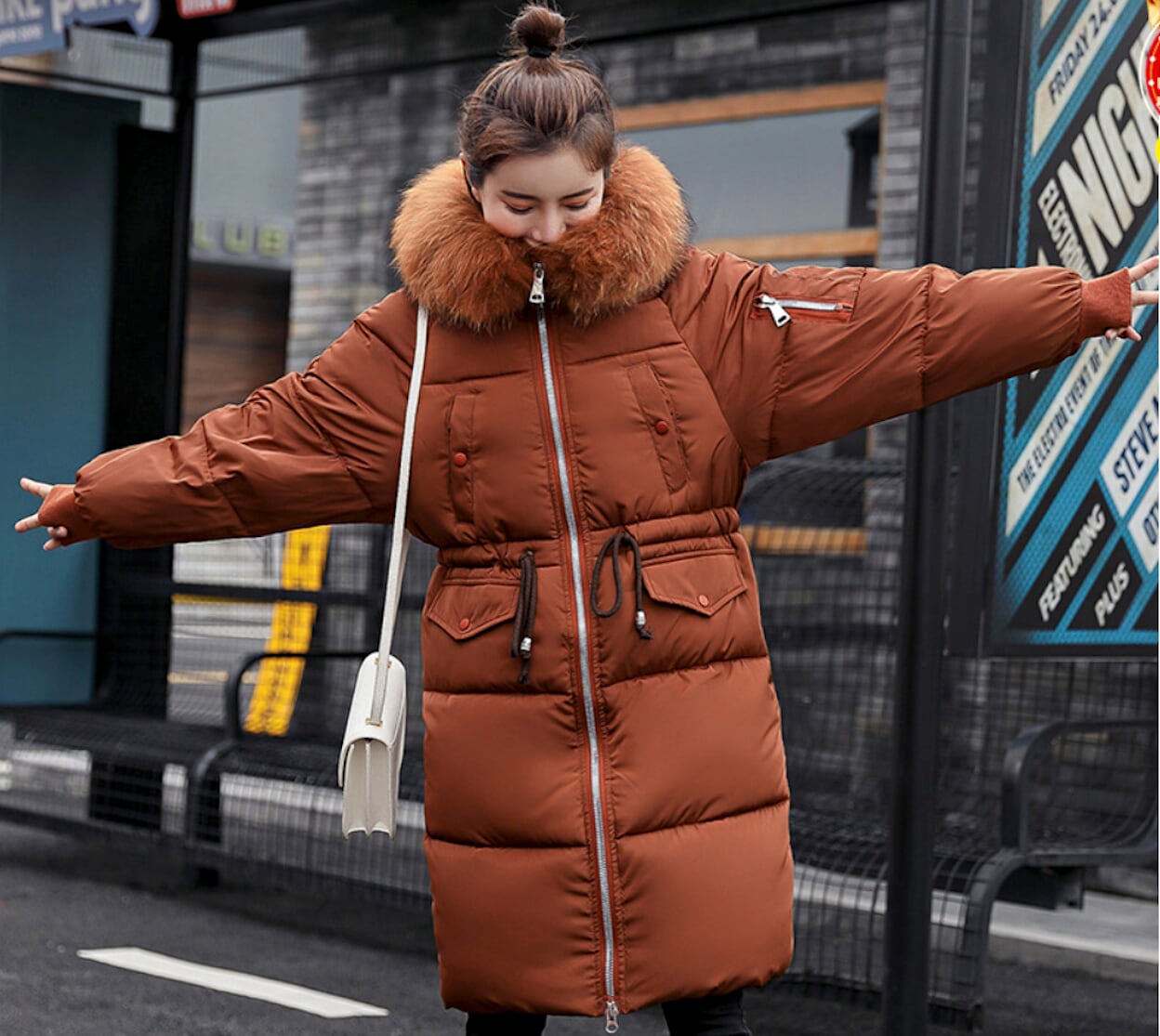 Womens Cinch Waist Puffy Jacket with Furry Hood – Onetify