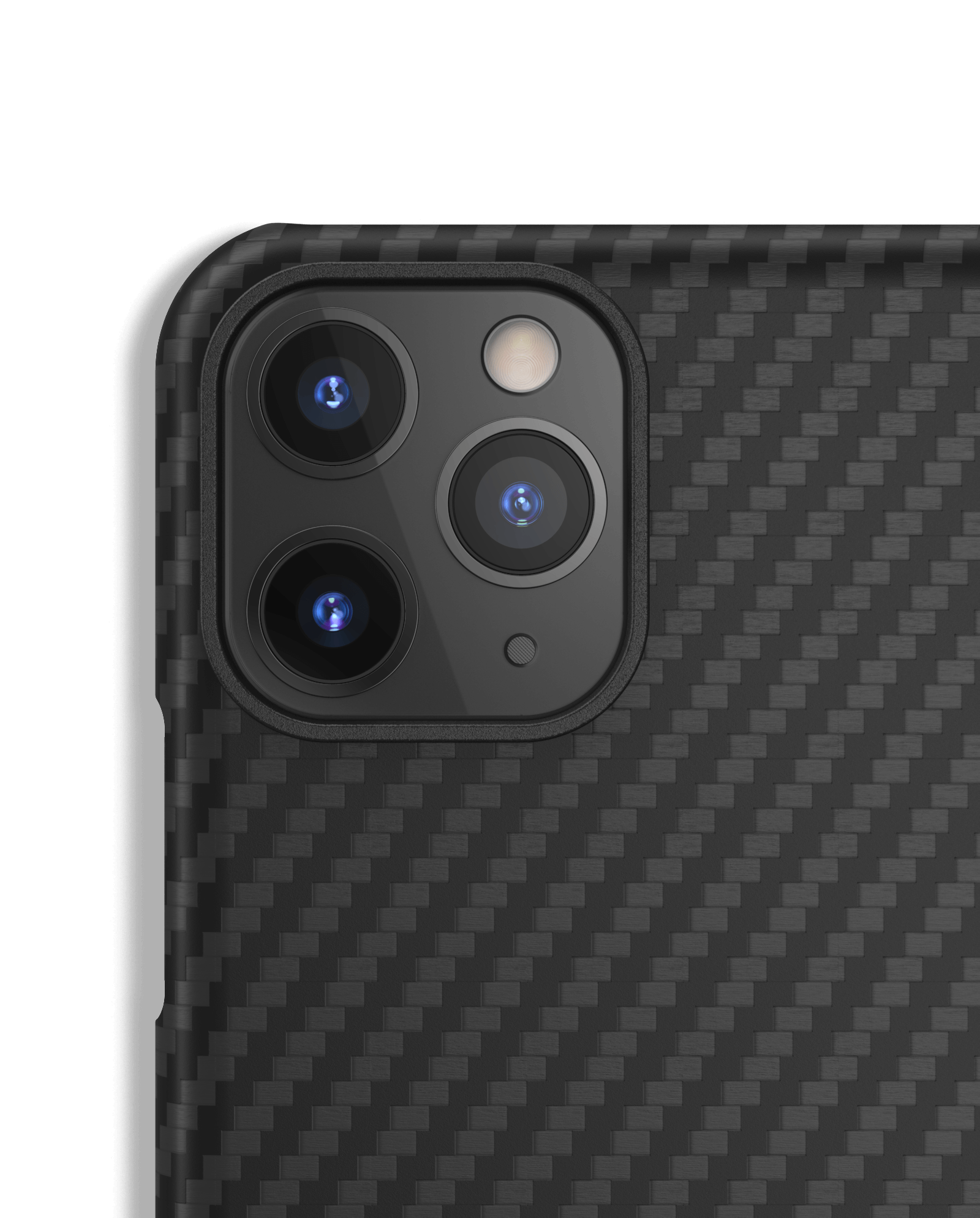 Close up of camera on cell phone with Mason aramid fiber case