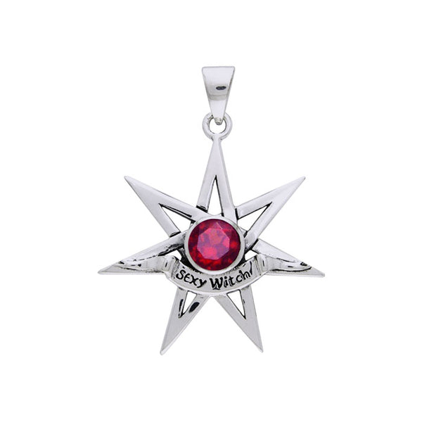 Sexy Witch Seven Pointed Star with Gemstone Silver Pendant TPD2929