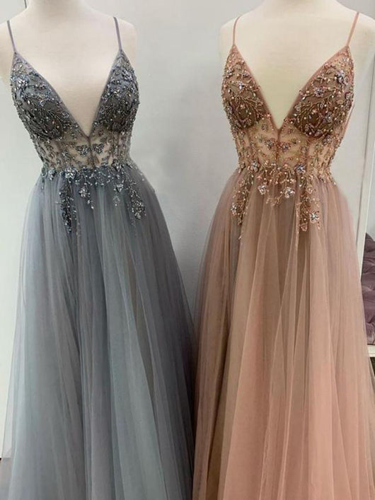 laylatailorshop02 LTP0068,A-line Rose Gold Tulle Long Prom Dress with Spaghetti Straps and Beaded Bodice 22 W / As Picture