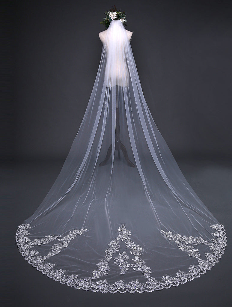 Shining Appliques Veil Long Tulle Sequined Wedding Veil WV008 – BohoProm