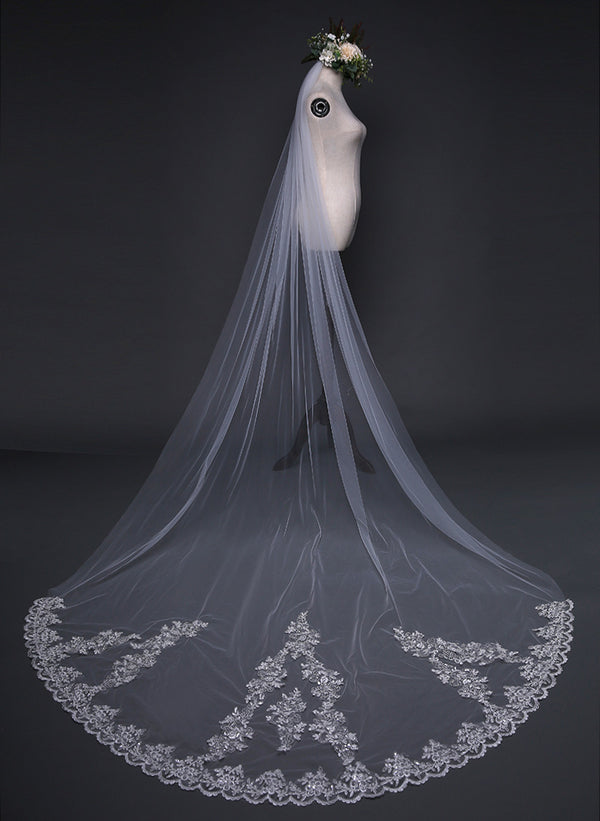 Shining Appliques Veil Long Tulle Sequined Wedding Veil WV008 – BohoProm