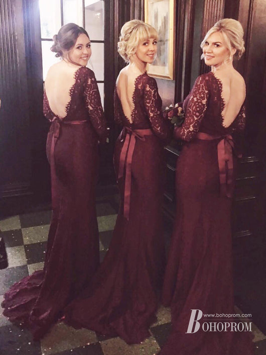 Burgundy Lace Mermaid Sweep Train Long Sleeves Bridesmaid Dresses, MBD213