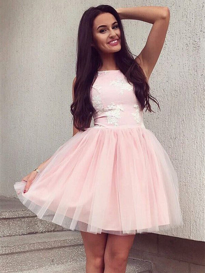 Pink Tulle Homecoming Dresses Short Appliqued A-line Gowns HD133 – BohoProm