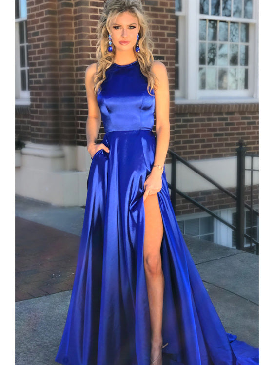 Simple Satin Jewel Neckline Cut-out Chapel Train A-line Prom Dresses ...